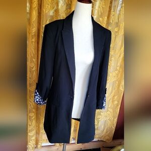 Candie's Black Floral Blazer Size Medium Rolled Cuffs Floral Lining